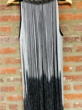 Fringed Ombre Sleeveless Dress - Black & Silver Flapper Dress Large & accessori